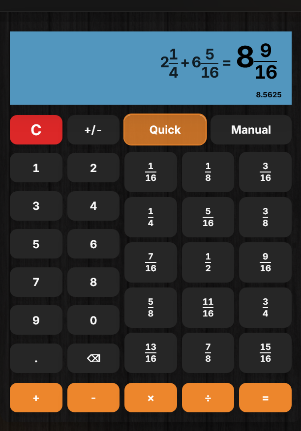 Pro Builder – Fraction Calculator Quick Mode showing 2 1/16 + 3/8 = 2 7/16