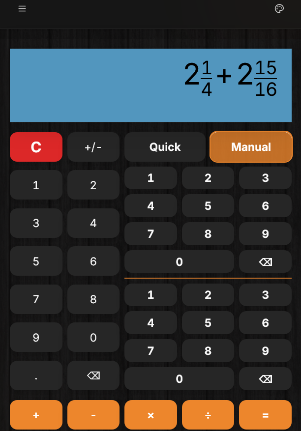 Pro Builder – Fraction Calculator Manual Mode showing 2 1/4 + 2 15/16